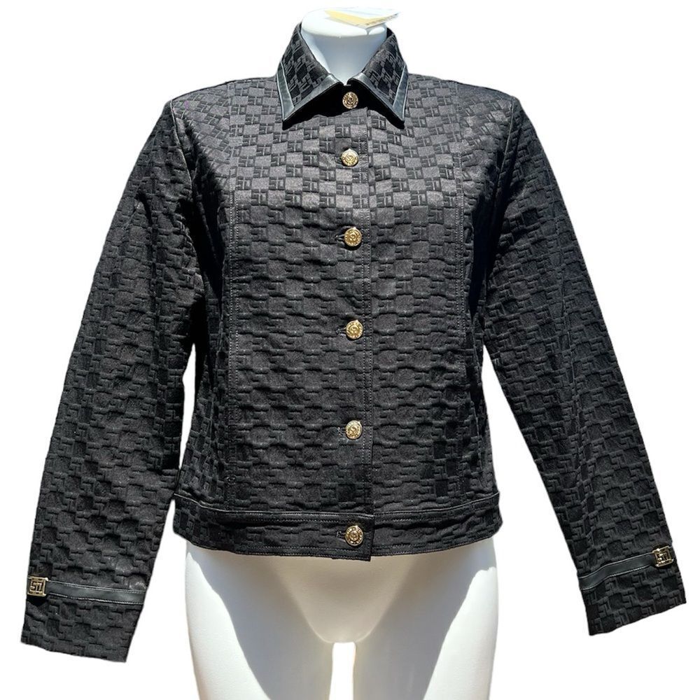 St John Sport Black Logo Trucker Style Jacket Gold Tone Buttons New Size Small